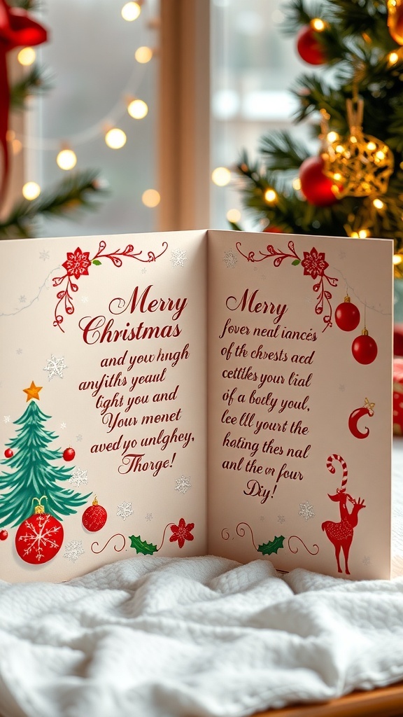 A festive Christmas card with decorations and a heartfelt message inside.